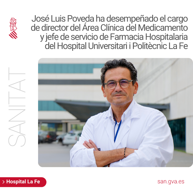 GVAsanitat's tweet photo. 🗣️ Sanidad nombra a José Luis Poveda Andrés nuevo gerente del @HospitalLaFe 

👨‍⚕️ El Dr. Poveda ha sido presidente de la Comisión Nacional de la Especialidad de Farmacia Hospitalaria del Ministerio de Sanidad hasta el pasado mes de junio