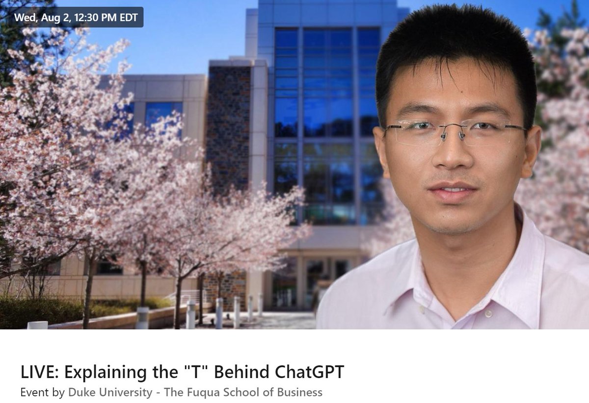The letter 'T' in #ChatGPT stands for Transformer, a fundamental building block for various #LargeLanguageModels. Join Prof. Jiaming Xu tomorrow at 12:30 p.m. ET. for a live discussion and Q&A on how #AI models emulate the way humans process language. dukefuqua.com/470IsKN