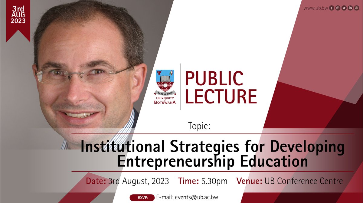 UBBotswana's tweet photo. #PublicLecture #3Aug #ubconferencecentre
INSTITUTIONAL STRATEGIES FOR DEVELOPING ENTREPRENEURSHIP EDUCATION https://t.co/TvvhZaDFkp