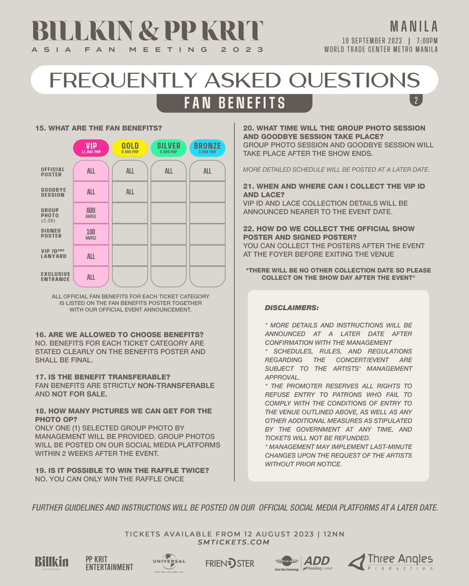 Threeanglespro's tweet photo. 🎯 All You Need to Know: Billkin &amp; PP Krit Asia Fan Meeting 2023 in Manila 

We've gathered the most frequently asked questions to ensure you have a fantastic time at the Billkin &amp; PP Krit Asia Fan Meeting 2023 in Manila! 🎊 https://t.co/QXvSjvDWgV