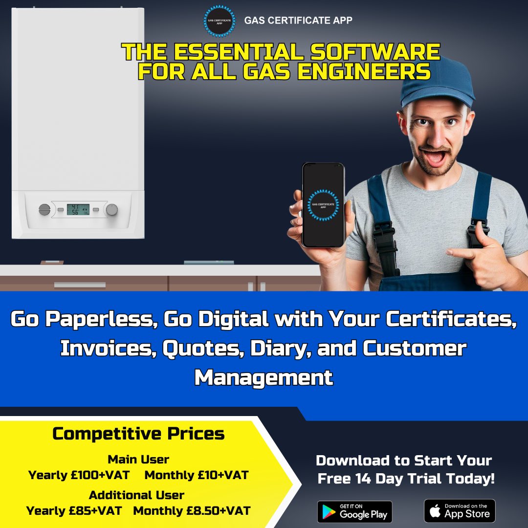 gas_certificate's tweet photo. 📢 Calling all Gas Engineers! 🔧
Ready to experience the future of gas engineering? Sign up now for a FREE 14-day trial! 
 
Competitive prices:
Main User
📅 Yearly: £100+VAT
🗓️ Monthly: £10+VAT
 
Additional User
📅 Yearly: £85+VAT
🗓️ Monthly: £8.50+VAT
 
#Gascertificateapp #CP12 https://t.co/x6hngy6fBF