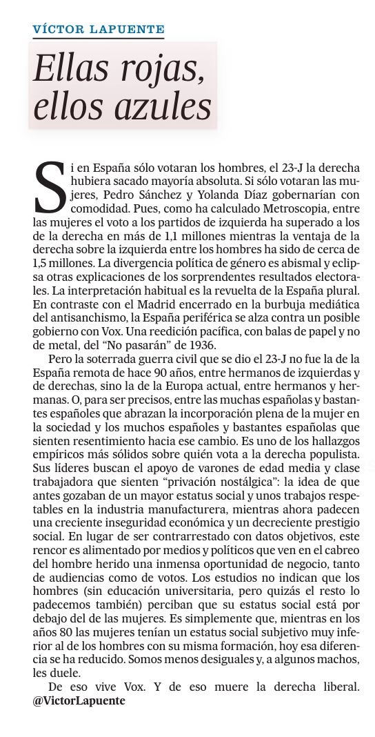 Ellas rojas, ellos azules. Escribo hoy en EL PAÍS