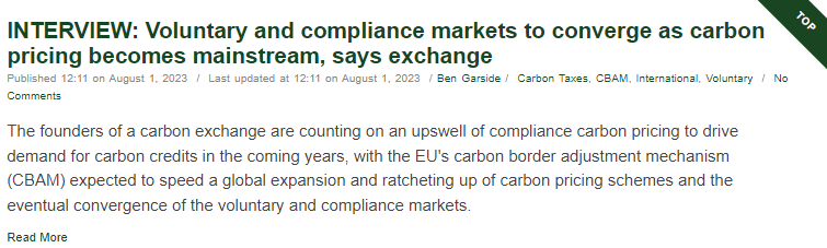 Introduction of the EU's carbon border adjustment mechanism will add fuel to the carbon pricing fire - leading to more demand for credits and the ultimate convergence of voluntary and compliance carbon markets, ACX exchange tells me carbon-pulse.com/214731/ #CarbonCredits