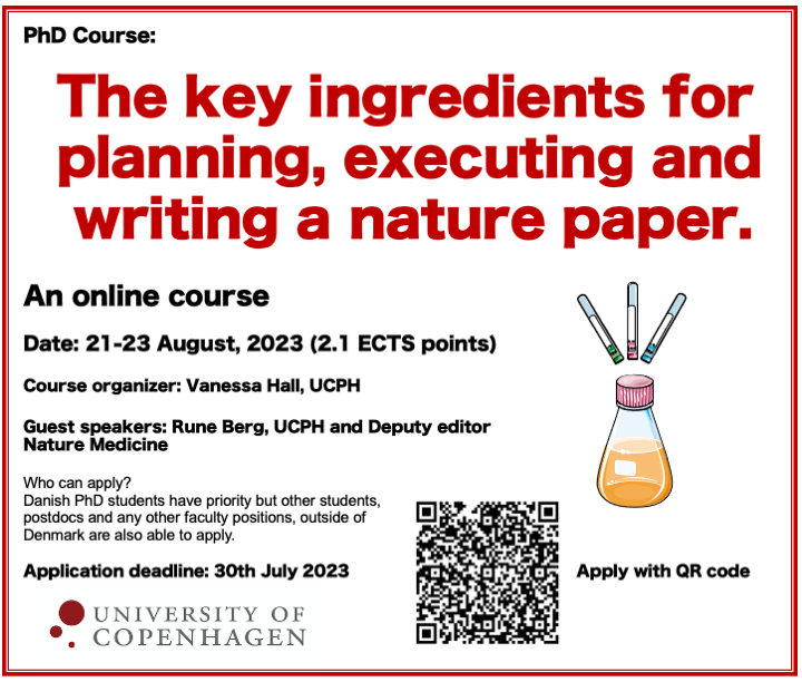 Vanessa89002496's tweet image. We are running a course in Copenhagen on how to write a Nature article. Still some spots left so sign up using the QR code here. #phdcourse #phdstudent #course #academicWriting
