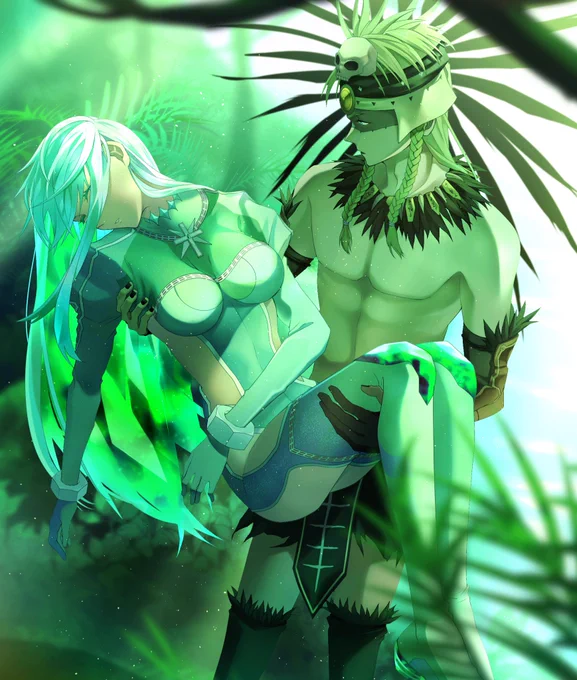 リクエスト絵 #FGO  テスカトリポカにお姫様抱っこで運ばれるククルカンです!楽しかったです!納品物は全身あります。勝手に負傷差分も入れさせていただきました。リクエストありがとうございました