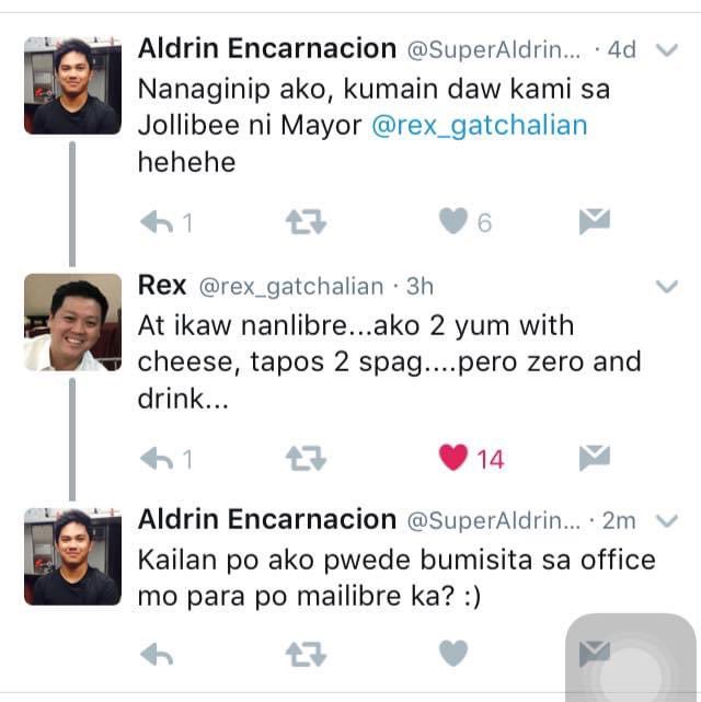 SuperAldrin06's tweet photo. Hello Mayor @rex_gatchalian! Baka ikaw po dapat manlibre para matuloy hehehe https://t.co/Edd36IvxLL