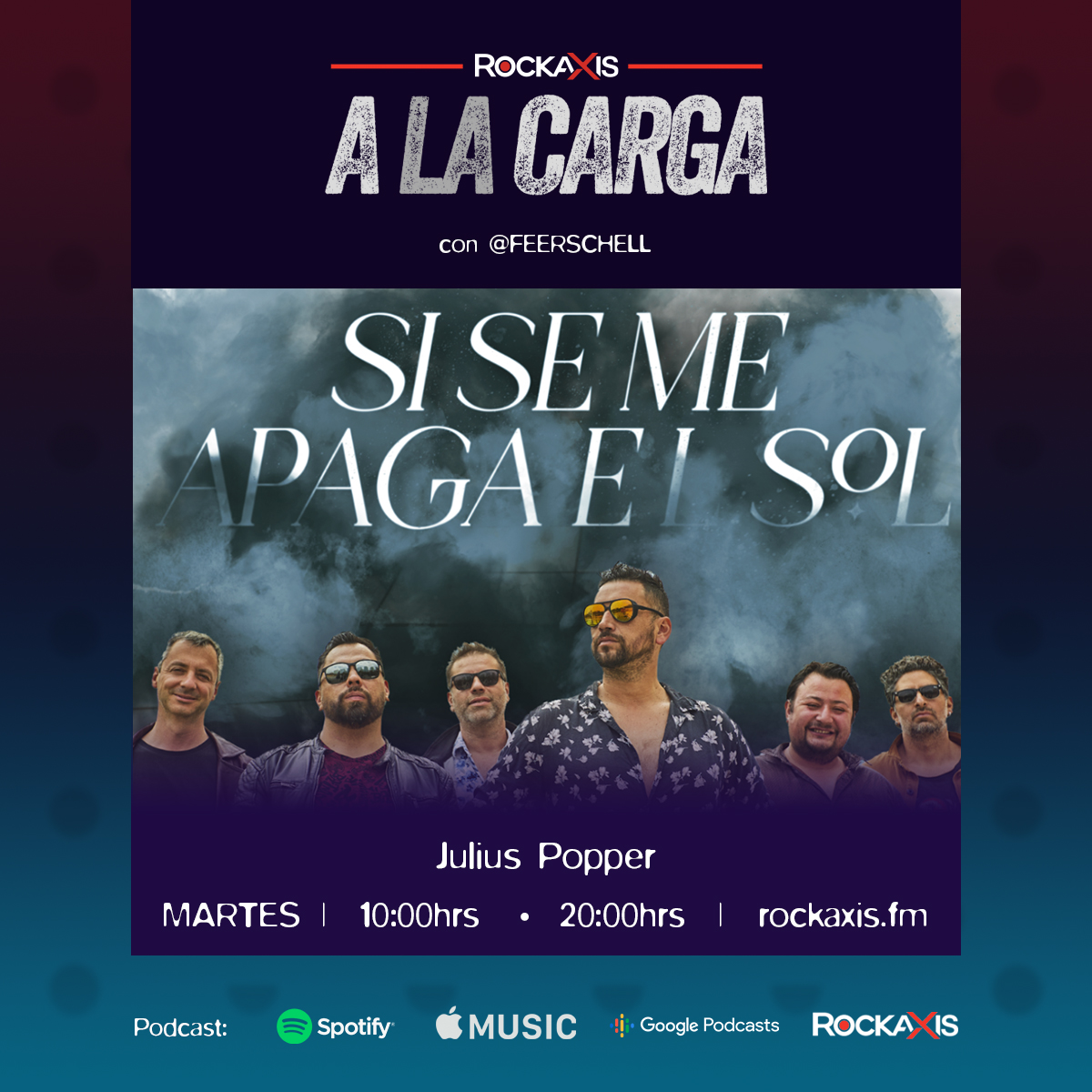 rockaxisoficial's tweet photo. Este martes volvemos con todo en A la carga. Escucharemos a @juliuspopper, Animales de Lumiere, Svvvnt, Velvet Chains, @RiffMorris, y @bellycorock. Escúchalo a las 10 y 20 hrs por https://t.co/UpQaeYARPC. Conduce: @Feerschell. https://t.co/XkUmNf8X6o