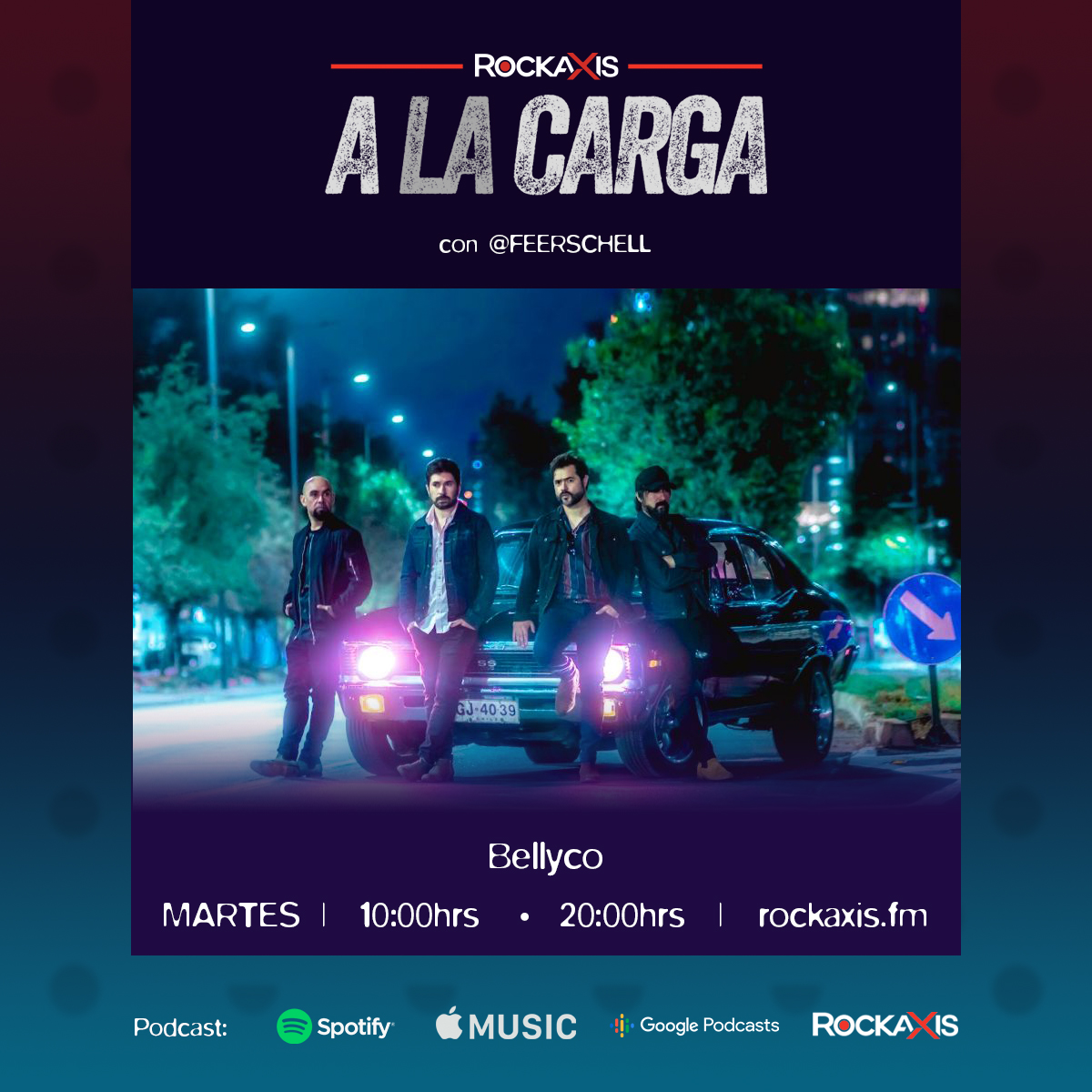 rockaxisoficial's tweet photo. Este martes volvemos con todo en A la carga. Escucharemos a @juliuspopper, Animales de Lumiere, Svvvnt, Velvet Chains, @RiffMorris, y @bellycorock. Escúchalo a las 10 y 20 hrs por https://t.co/UpQaeYARPC. Conduce: @Feerschell. https://t.co/XkUmNf8X6o