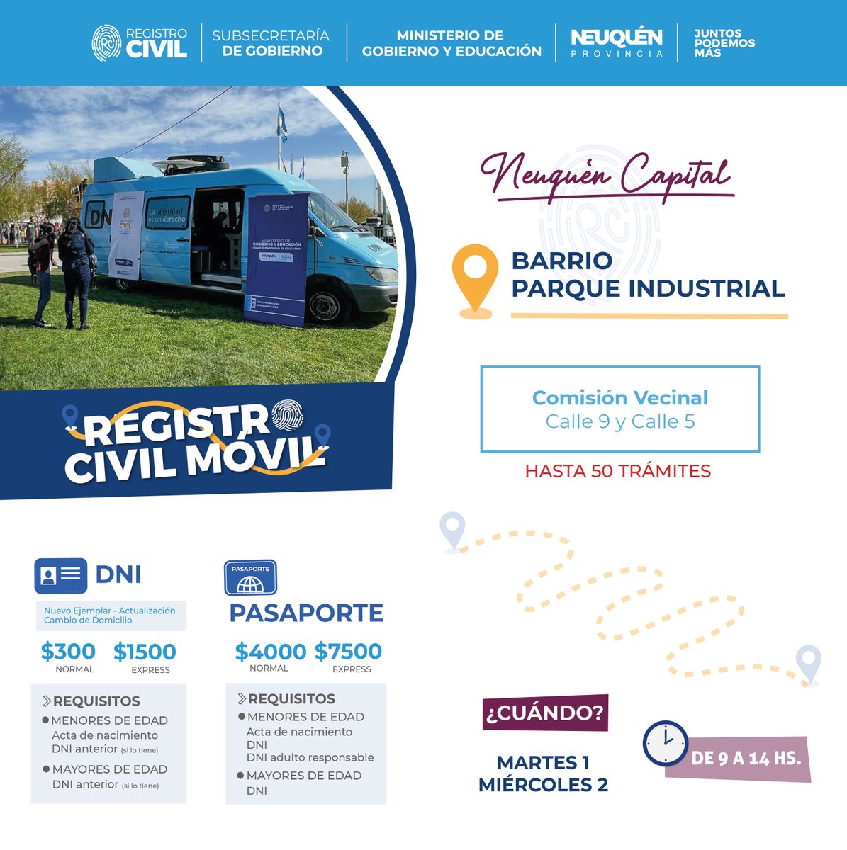 RegCivil_NQN's tweet photo. 🚚Hoy martes 1 y mañana miércoles 2 de agosto el Registro Civil Móvil se traslada al Barrio Parque Industrial de la capital neuquina. Desde las 9 hasta las 14 horas funcionará en la Comisión Vecinal ubicada en calle 9 y 5.
#MinisterioGobiernoEducación https://t.co/ggeOPAxFgy