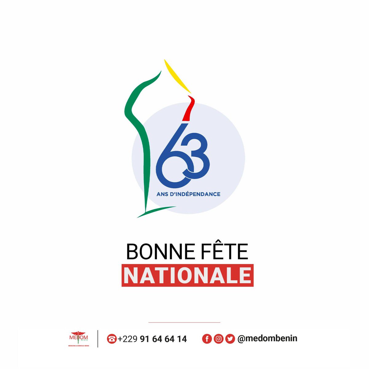 BeninMedom's tweet photo. Bonne fête Nationale 🇧🇯

———
L'appli "MEDOM" est disponible sur Google Play Store
https://t.co/W00rAV8QWf
———
MEDOM-BENIN, votre santé en toute sécurité où que vous soyez.
———
#medomapp #medombenin
#soinsadomicile #sante https://t.co/blZHQBrAL2