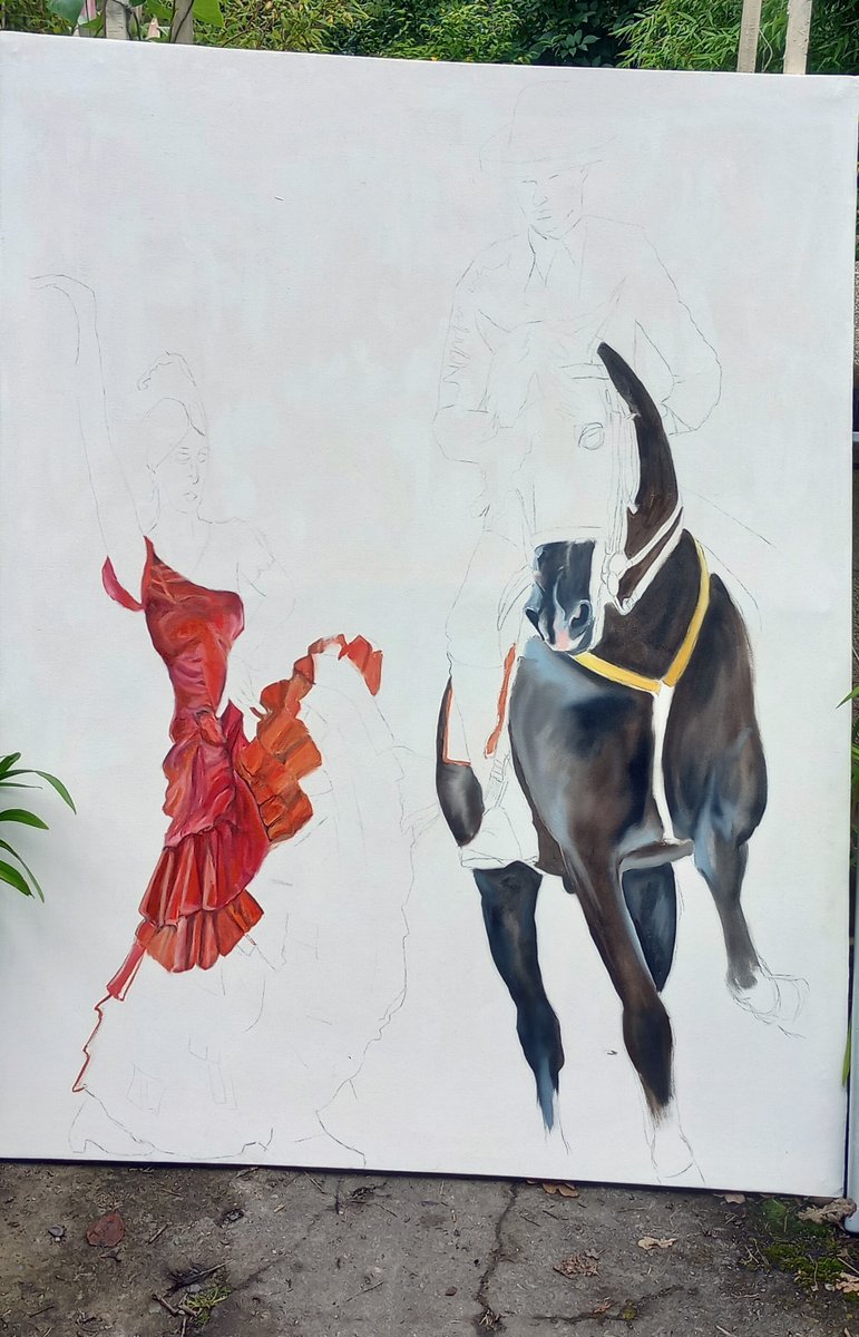 Just starting to get to grips with this one...when I get crossed-eyed doing the fabric on the dress...I give myself a break working on the easy bit - the horse!
#equineart #flamenco #andalusianhorse #spanishhorse #oilpainting #artist #art