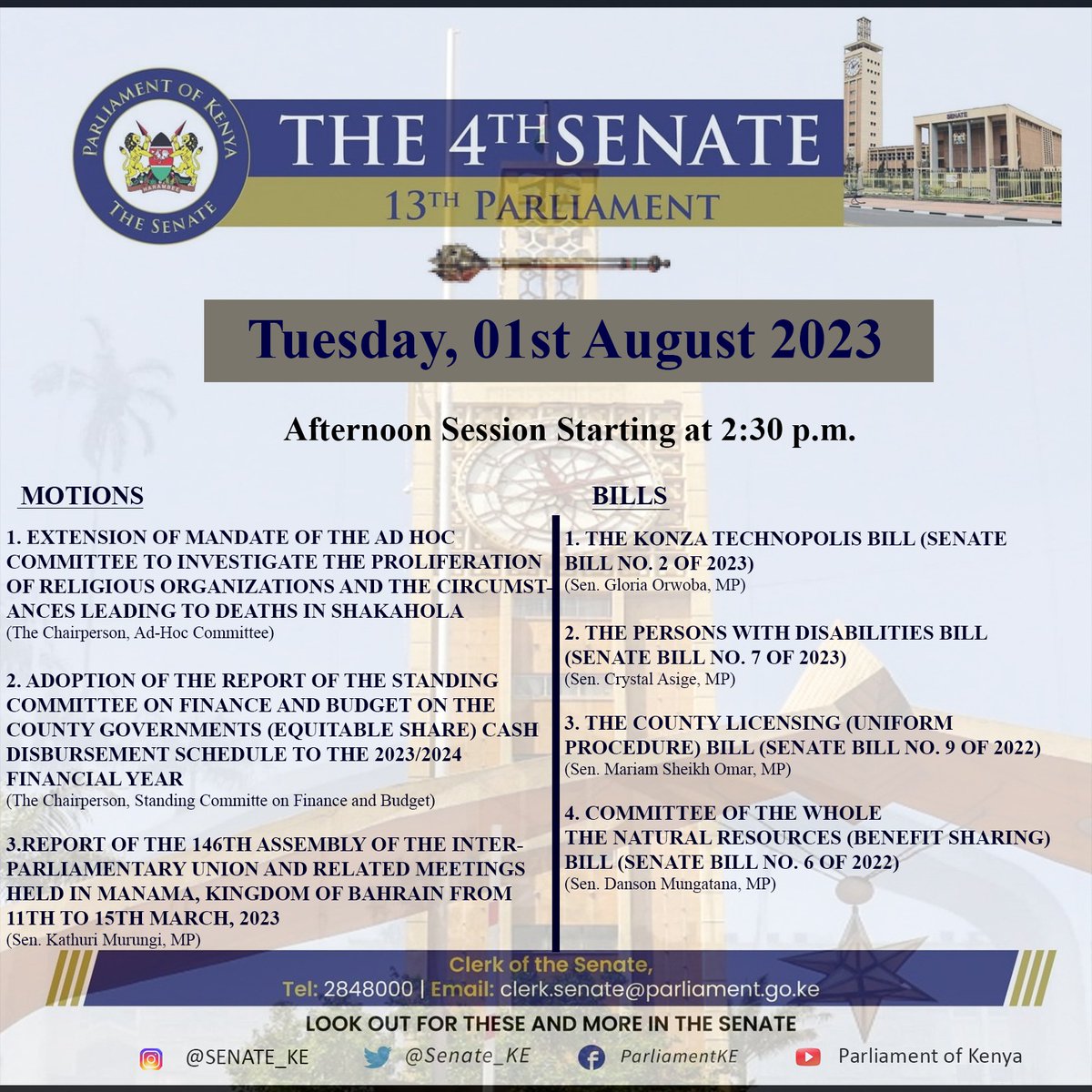 Senate_KE's tweet photo. The Senate will have a sitting today afternoon at 2.30pm in the Senate Chamber, Parliament Buildings. Follow the link for a detailed Order Paper #SenateLive #2ndSession #4thSenate #13thParliament https://t.co/VIT4GmzKvZ https://t.co/M4jbziIr6d