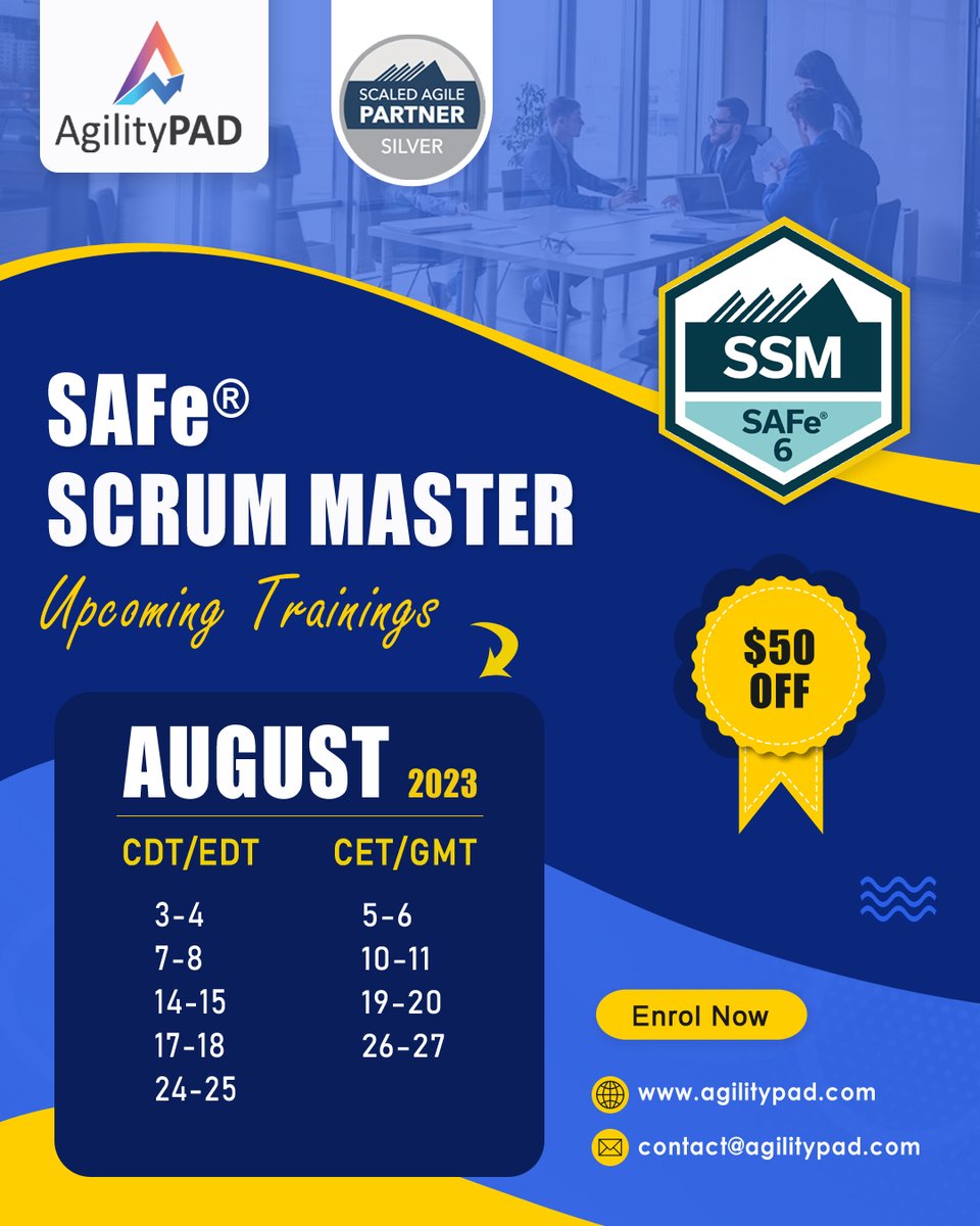 agilitypad's tweet image. Enroll Now for Upcoming SAFe® Scrum Master (SSM) Training in August 2023.
✅ Get $50 OFF! 
agilitypad.com/safe-scrum-mas…

#safeagilist #scaledagileframework #scalingagile #agilecoach #agilitypad #scrummaster #scrumtraining #coaching #agile #scrum #career