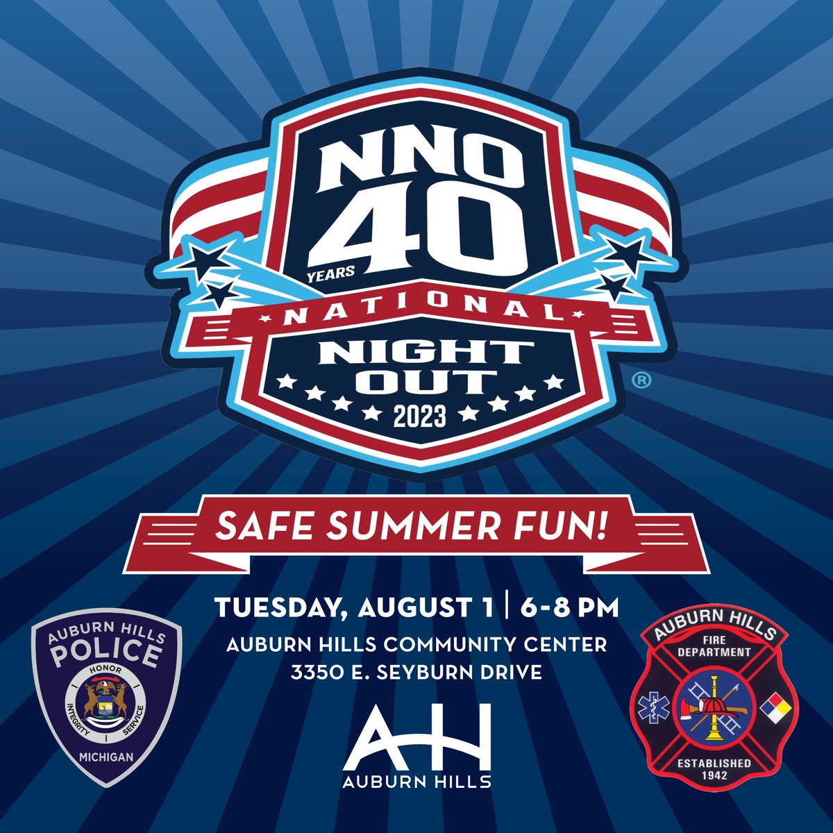 AuburnHillsMI's tweet photo. Don't miss National Night Out TONIGHT! Join @AHPOLICE for a night of safe summer fun from 6:00 - 8:00 PM.
#nationalnightout #auburnhills #safesummerfun https://t.co/6rgLF5qLeO
