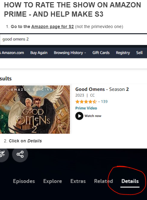 FYeahGoodOmens's tweet photo. HOW TO RATE THE SHOW ON AMAZON PRIME - AND HELP MAKE S3 ❤❤❤ #GoodOmens #GoodOmens2 #GoodOmens3 @GoodOmensPrime @primevideouk 

https://t.co/SSMeRcpslW https://t.co/uIMik2HhL8