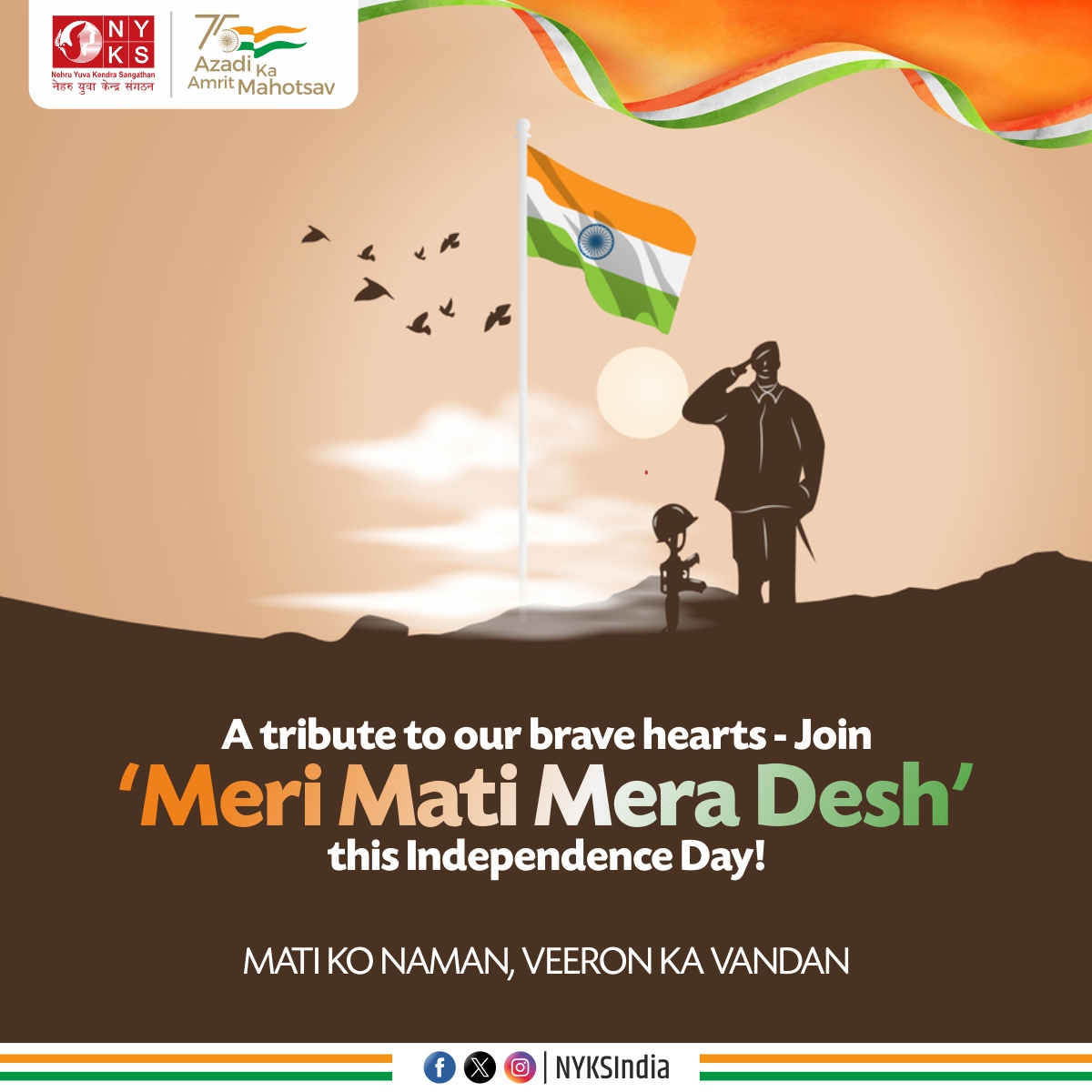 MYBharatHQ's tweet photo. Join the 'Meri Mati Mera Desh' program this Independence Day to pay homage to our brave hearts and to celebrate our independence! 

#MeriMatiMeraDesh #SaluteToTheBrave #MatiVeerVandan #AmritVatika #NYKS https://t.co/siM0UgzlCO