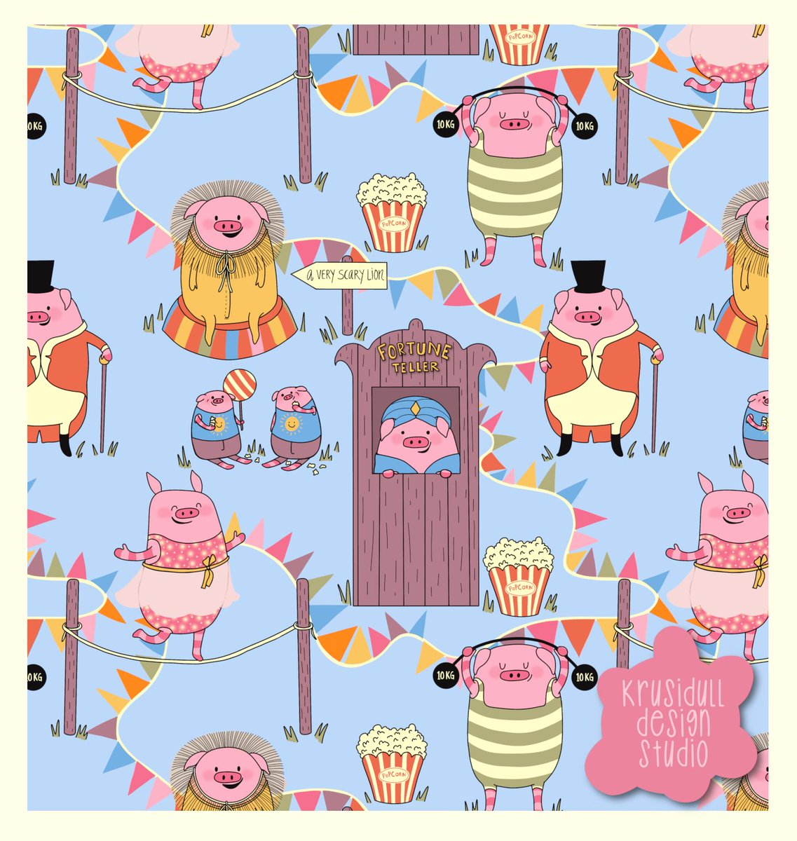 My little piggies are back for 'Cute, cuter, cutest kids sheet' @spoonflower challenge. This time they've joined a circus. I highly recommend the fortune teller.... you're guaranteed a super happy fortune reading 😊 Hugs! spoonflower.com/design-challen… #spoonflowerchallenge