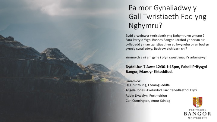 Ymunwch a Sara Parry wythnos nesaf yn yr <a href="/eisteddfod/">eisteddfod</a> lle byddwn yn trafod pa mor gynaliadwy y gall twristiaeth yng Nghymru fod? <a href="/prifysgolbangor/">Prifysgol Bangor</a> 

#twristiaeth #twristiaethgynaliadwy #eisteddfod #EisteddfodGenedlaethol #LlŷnacEifionydd