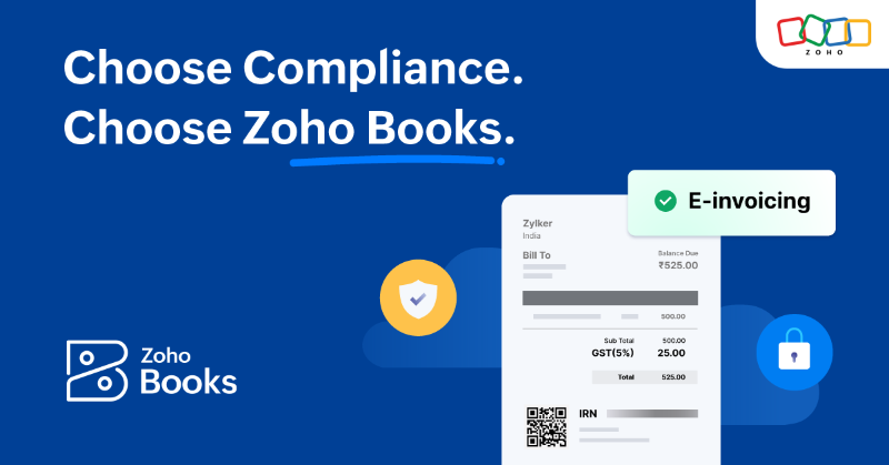 ZohoBooks's tweet photo. With CBIC's latest notification, it is imperative for businesses with a turnover of 5 crore and above to be e-invoicing compliant from August 1, 2023. 
Experience the convenience of generating e-invoices with just the push of a button using Zoho Books.
Sign up today!