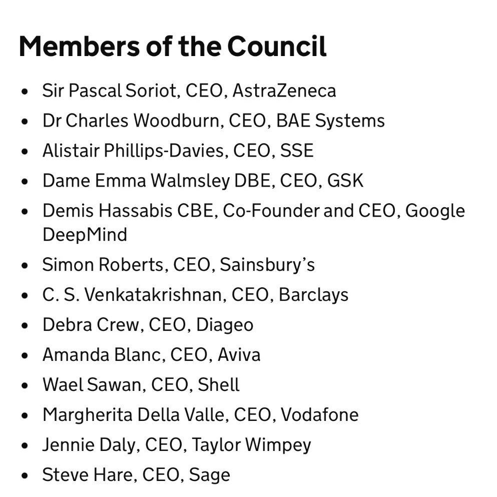 BladeoftheS's tweet photo. Rishi Sunak’s business council.  

Guess how many donate to the Conservatives? All of them.  

And in the last few days Infosys his father-in-law’s company joined.  

Business council? No  

CORRUPTION COUNCIL https://t.co/Mg85BML1Ro