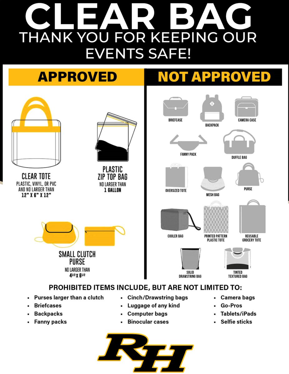 athletics_rhhs's tweet photo. With the 23-24 Athletic Season approaching, we want to thank you in advance for adhering to our Clear Bag Policy and keeping our athletic events fun and safe!  BTH https://t.co/pOZ6ujzps5