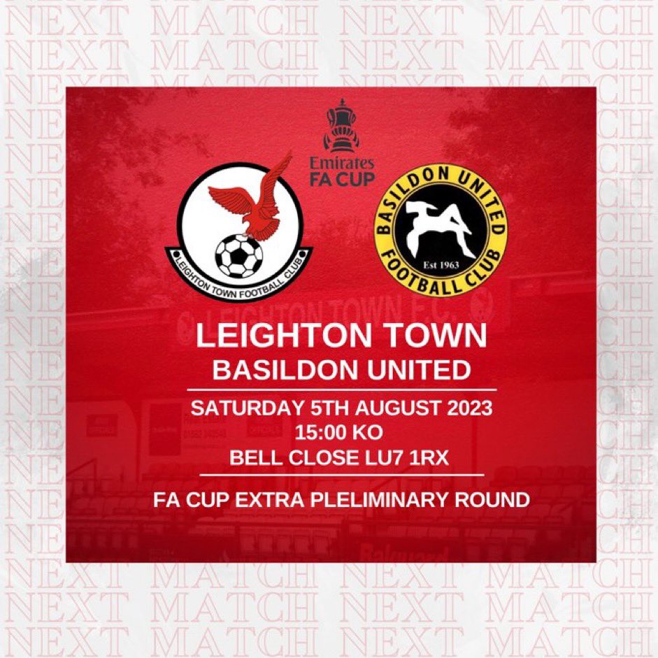 𝐅𝐀 𝐂𝐔𝐏 𝐀𝐂𝐓𝐈𝐎𝐍 🏆 

This Saturday we start are competitive season at home in the FA Cup 😁

🆚<a href="/BasUtdFC/">Basildon United Football Club 🐝</a>
📆Sat 5th Aug
🎟️Adults £10, Concs £5, 12-17 £3 U11 Free
📍Bell Close, Lake Street, LU7 1RX 
🍔Open
🍺Open 

We hope you can join us 👏

#YourTownYourTeam
