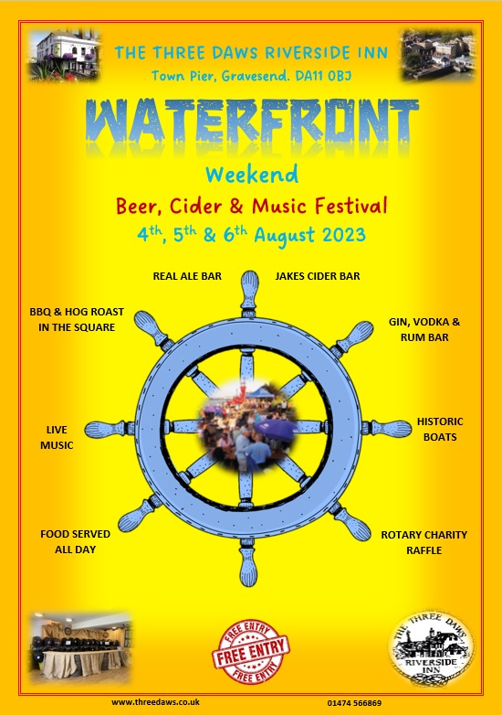 GravesendTCM's tweet photo. This Weekend - its the annual #WaterfrontWeekend at @TheThreeDaws on the quayside here in #Gravesend #beer #cider #music #heritagevessels #foodstalls Starts Friday evening and all weekend πΊβοΈππΆ https://t.co/ZoUeHszJUl