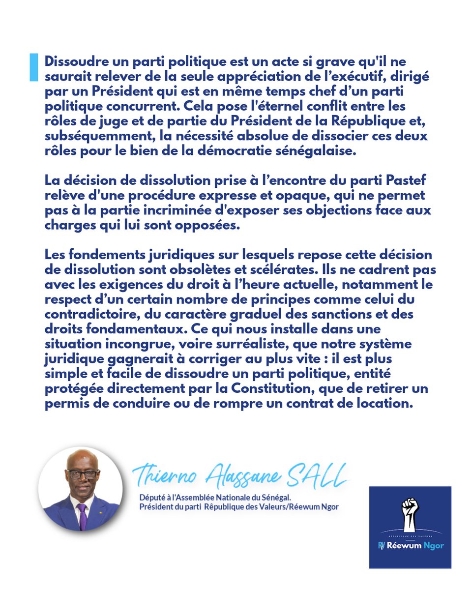 Dissoudre un parti politique est un acte si grave qu'il ne saurait relever de la seule appréciation de l’exécutif, dirigé par un Président qui est en même temps chef d’un parti politique concurrent. Cela pose l'éternel conflit entre les rôles de juge et de partie du Président de