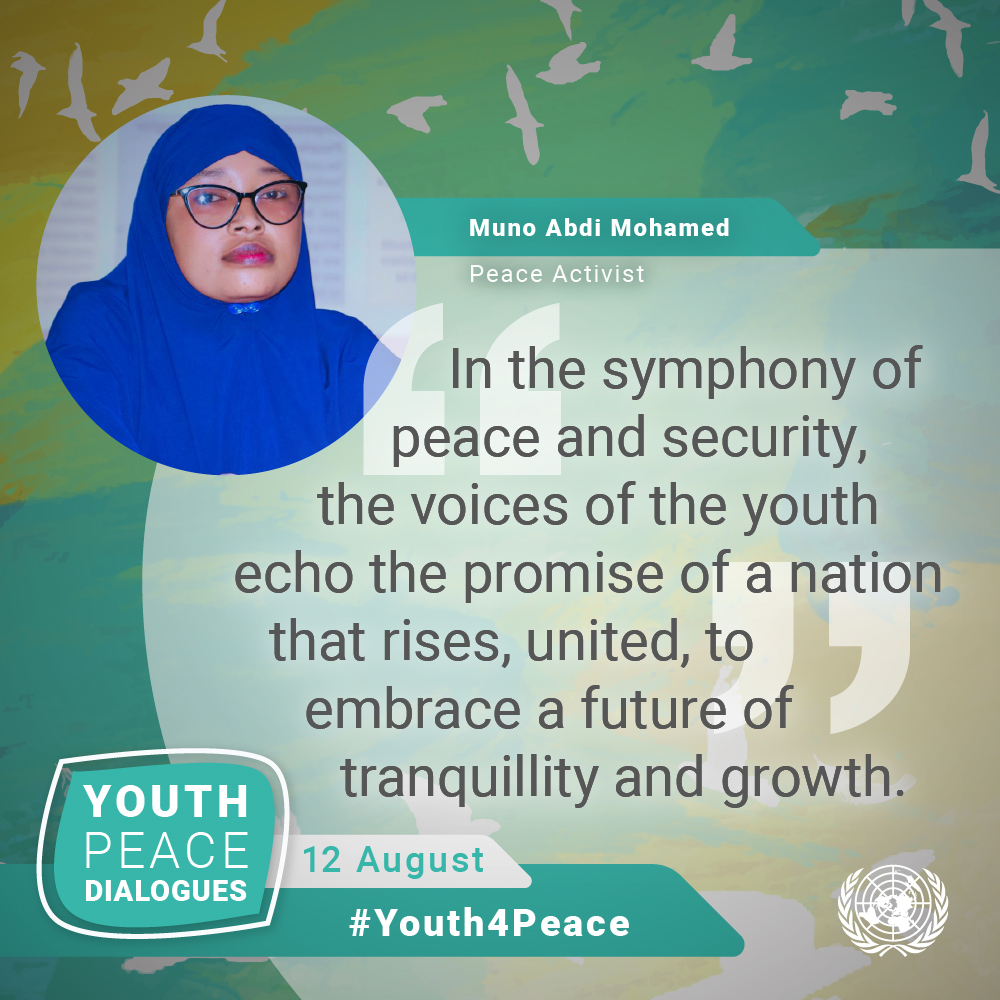 UNSomalia's tweet photo. On #InternationalYouthDay2023, young #Somalis will come together to discuss their vision for a #peaceful, prosperous and stable #Somalia.
Ahead of that, see below what Muno Abdi Mohamed from #Kismayo has to say about young #Somalis and #peacebuilding 👇

#Youth4Peace https://t.co/CHF6va4ixC