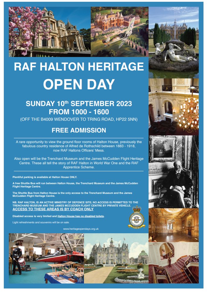 Halton House Officers’ Mess is once again opening it’s doors to the public! Join us on the 10th September for exclusive access to the old Rothschild Manor, The Trenchard Museum, and The James McCudden Flight Heritage Centre. Entry is free! Further details can be found below👇
