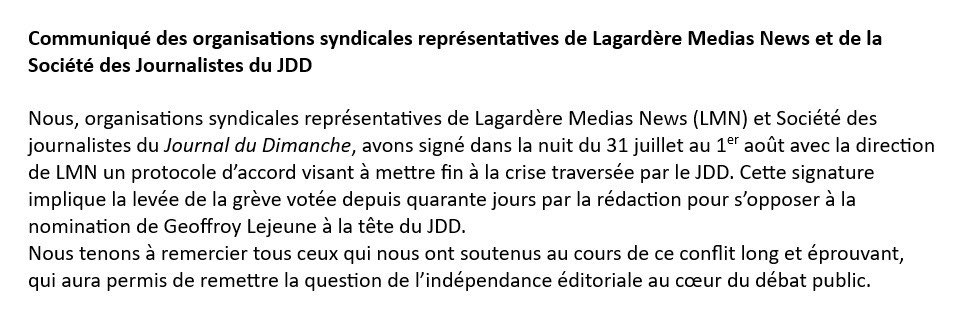 Communiqué des organisations syndicales représentatives de Lagardère Médias News et de la Société des Journalistes du JDD ⤵️