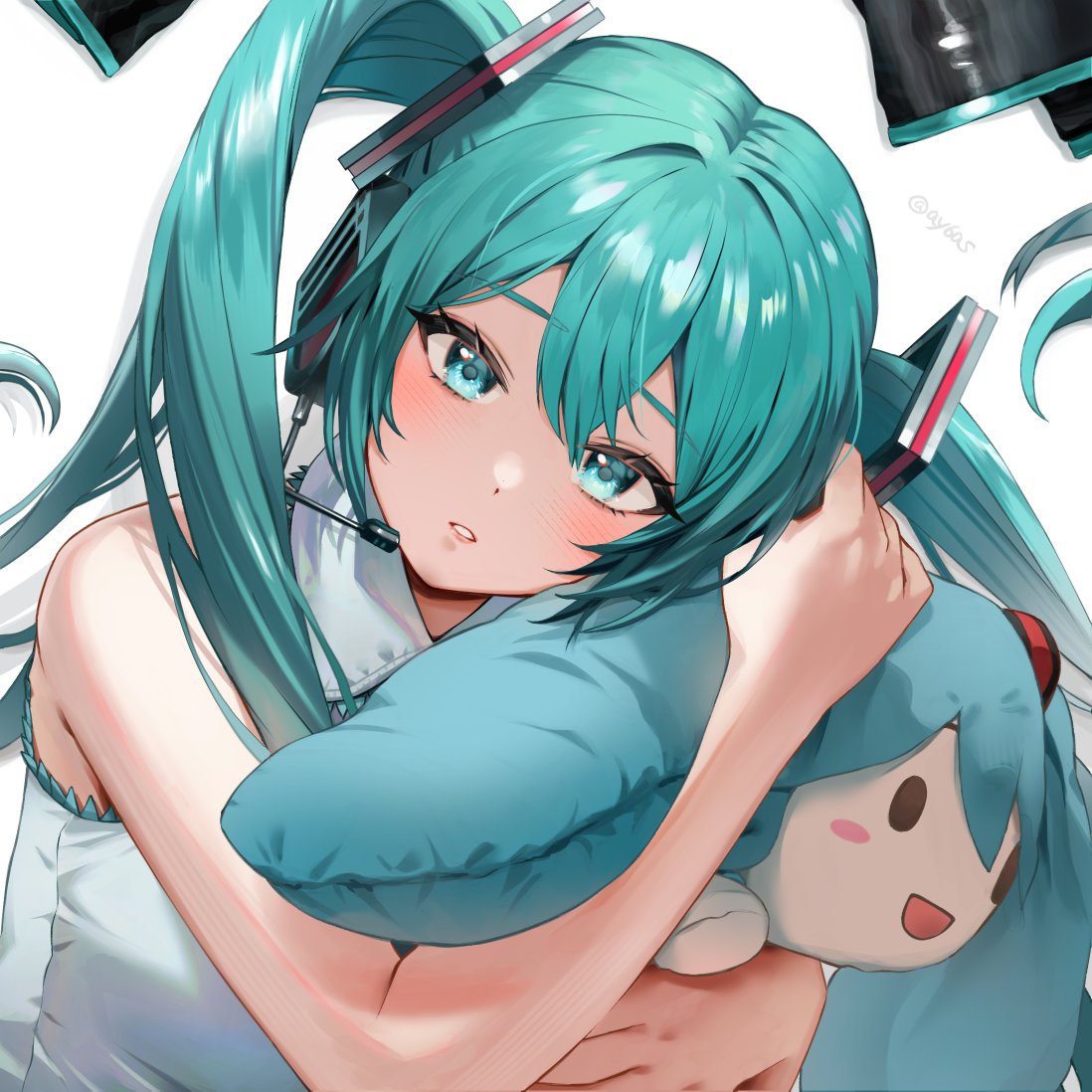 hatsune miku 1girl long hair twintails solo object hug shirt looking at viewer  illustration images