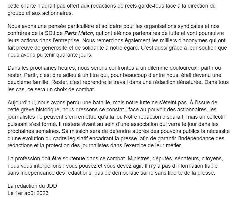 La rédaction du JDD met fin à une grève historique de 40 jours ⤵️