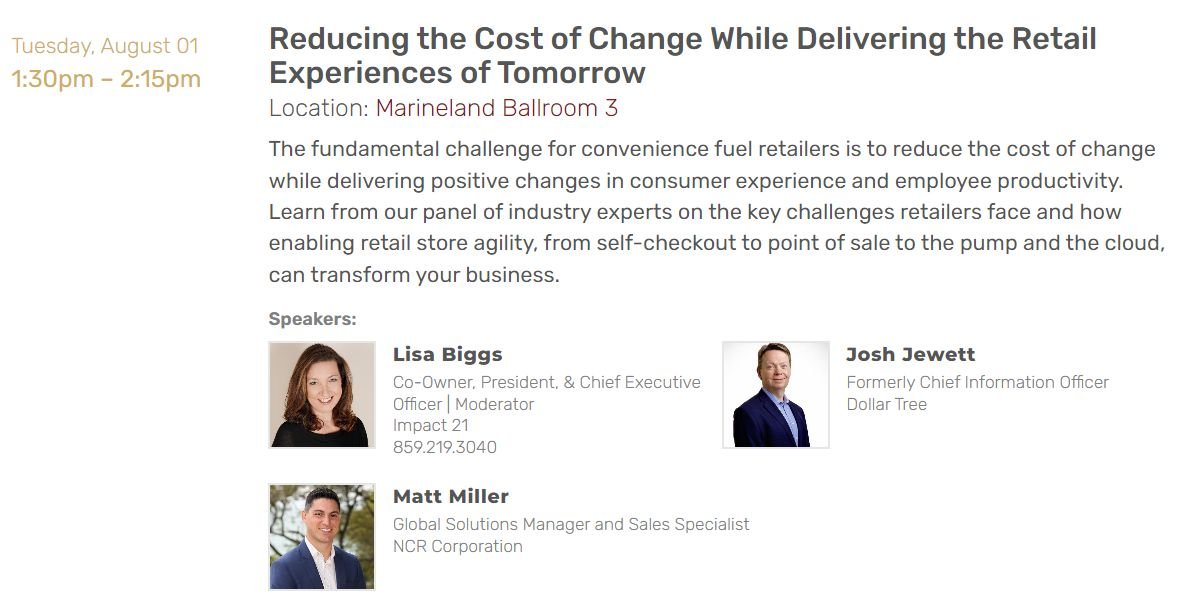 Check out the Innovation Forum session "Reducing the Cost of Change While Delivering the Retail Experiences of Tomorrow" at #OutlookLeadership 2023 today! Impact 21's Lisa Biggs will be on stage with Matt Miller and Josh Jewett.