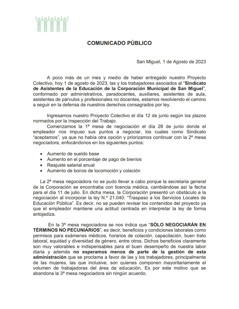 AsistentesEdSM's tweet photo. 🚨Compartimos comunicado público con respecto a la votación de la #huelga. 
@corposanmiguel @SanMiguel_CL @AsistentesEdSM 
#sindicato #movilización https://t.co/MUi5Mg9PGQ