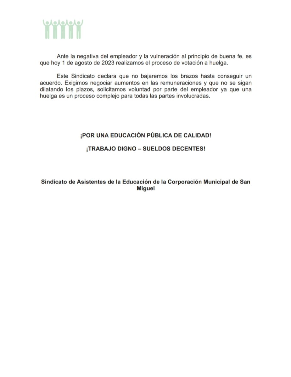 AsistentesEdSM's tweet photo. 🚨Compartimos comunicado público con respecto a la votación de la #huelga. 
@corposanmiguel @SanMiguel_CL @AsistentesEdSM 
#sindicato #movilización https://t.co/MUi5Mg9PGQ