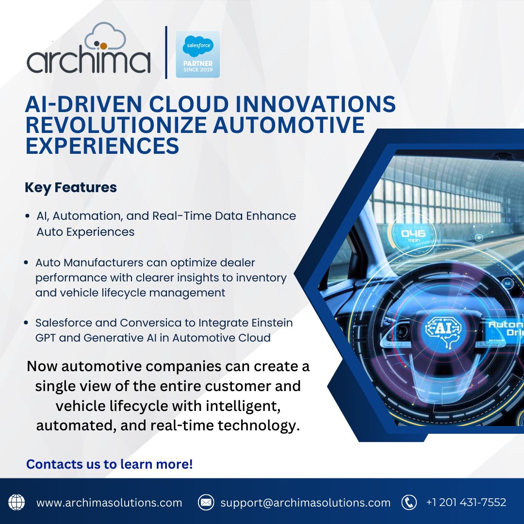 ArchimaSolution's tweet photo. 🤝 Proud to be a Salesforce partner! 🚀 Bringing the power of Einstein GPT and Generative AI to the Automotive Cloud to revolutionize the automotive industry and pave the way for a connected future. 🚗💡  

#SalesforcePartner #AutomotiveCloud #AIInnovation #ConnectedFuture https://t.co/BfTq6bX2w0