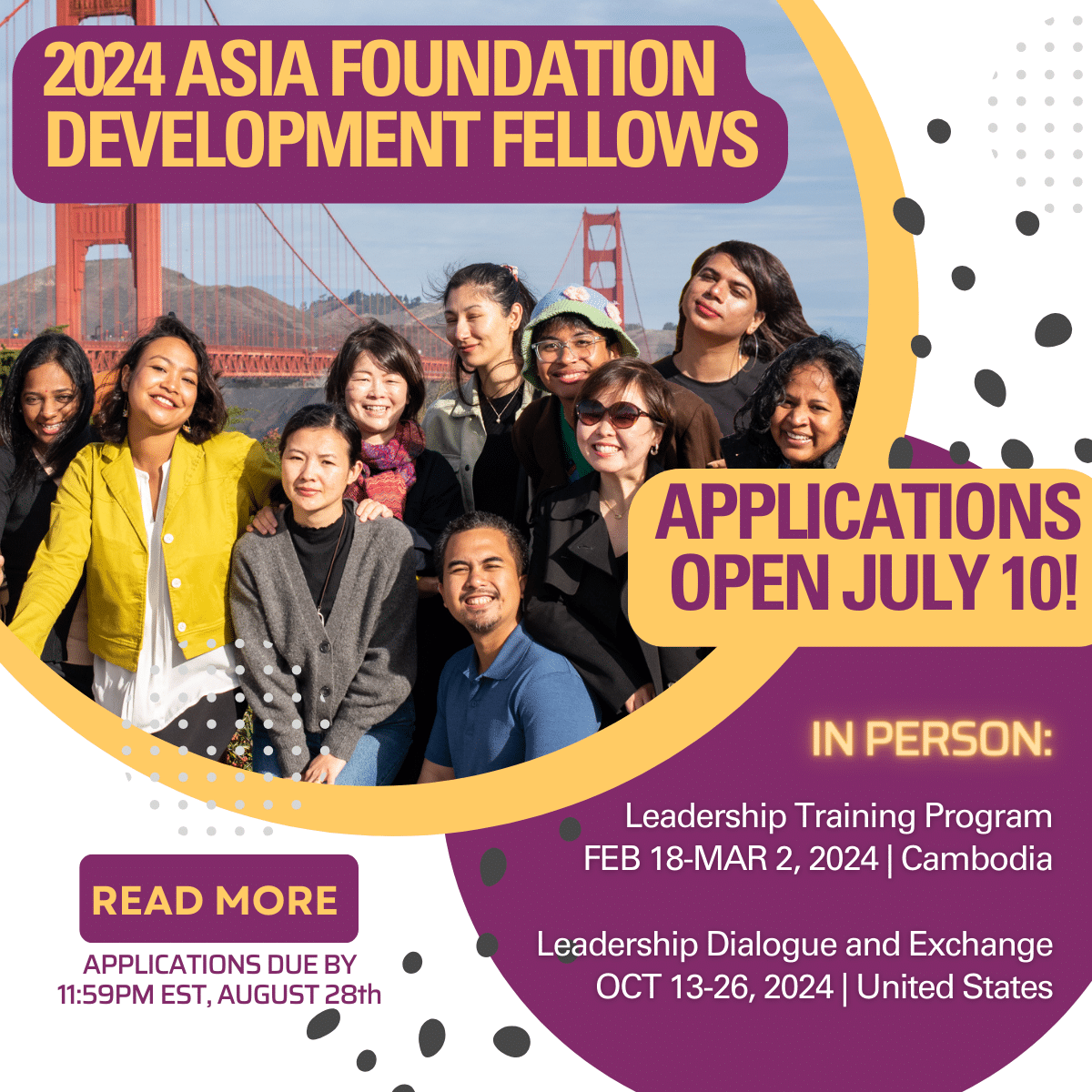 YouthopInfo's tweet photo. Asia Foundation Development Fellows Program 2024 | Fully Funded
Visit: https://t.co/Kx88N7tV6y

Program Components: Spring 2024: Leadership 
Fall 2024: Leadership Dialogue and Exchange Program
[United States, October 13-26, 2024]

#YouthOpportunity #fullyfunded #asiafoundation https://t.co/o1i49XBvO5