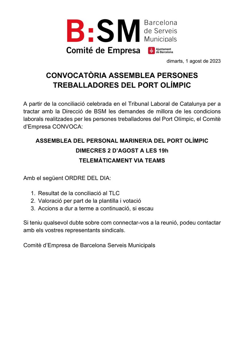 Convocatòria assemblea persones treballadores <a href="/PortOlimpic/">Port Olímpic Barcelona</a> per demà 2 d'agost a les 19h #PortOlimpic #BarcelonaServeisMunicipals