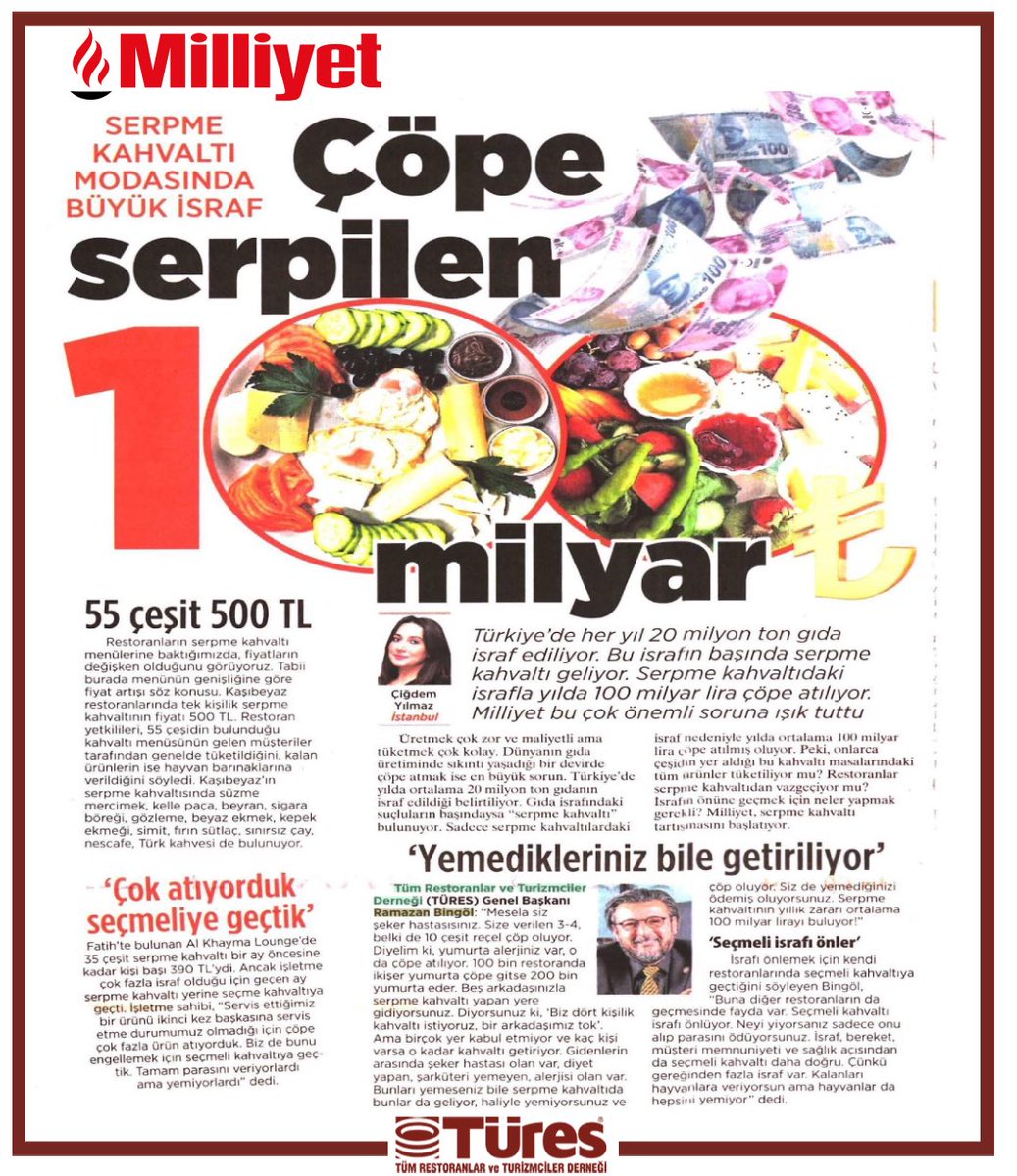 RamazanBingol's tweet photo. Türkiye'de ortalama 20 milyon ton gıda israf ediliyor. Gıda israfındaki suçluların baş aktörü ise “serpme kahvaltı”. Sadece serpme kahvaltılardaki israf nedeniyle yılda ortalama 100 milyar lira çöpe atılıyor. Peki, masaları tıklım tıklım dolduran bu kahvaltı çeşitleri gerçekten tüketiliyor mu? İşin mutfağından cevap veriyorum, kesinlikle hayır! Ton ton gıda göz göre göre çöpe atılıyor. #israf