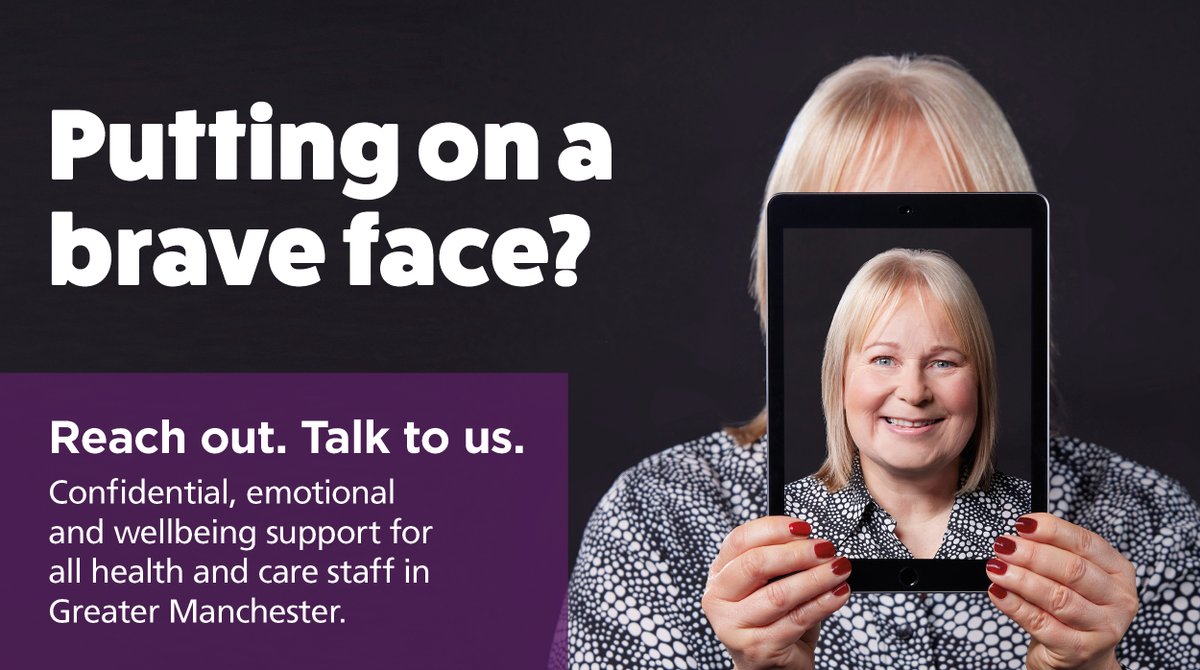 Tag any friends or family working in health and care services across Greater Manchester…

We know you work through incredible pressures, and this can take its toll. There’s no need to put on a #BraveFace, talking to someone can help and #GMResilienceHub is here for you. 1/3