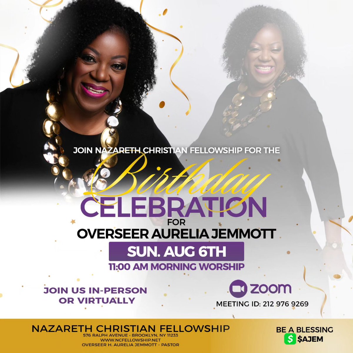 growatncf's tweet photo. 🎉🎈🎉 Happy Birthday to our  Senior Pastor, Overseer Aurelia Jemmott !!! 🎉🎈🎉

Be a blessing to her today!

Celebrate with us at Overseer's Birthday Celebration this Sunday at 11 AM EST! Meet us at 576 Ralph Avenue in Brooklyn, NY.

#happybirthday #growatNCF https://t.co/wWxYTaNNjU
