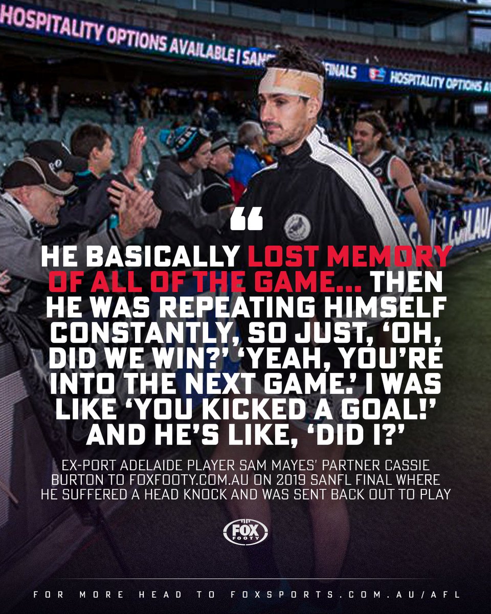 FOXFOOTY's tweet photo. The partner of a recent Port Adelaide player has opened up on his "horrible" concussion battle - including when he was sent back onto the field after a head knock.

STORY: https://t.co/fa0bHOiiTb https://t.co/RzFrPJMaxQ