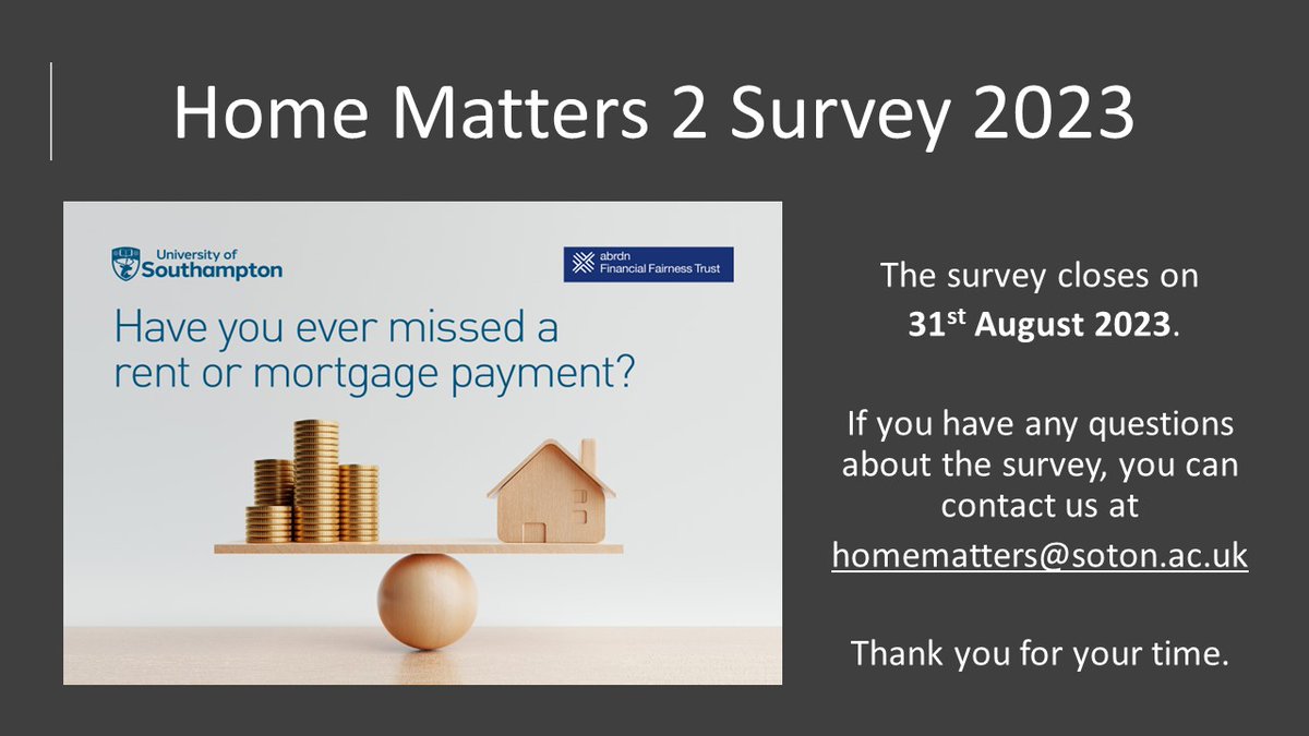 Please RT. Our @finan_fairness and <a href="/UoSLawSchool/">University of Southampton Law School</a>  survey aims to find out more about the experiences of people who have fallen behind with their #rent or #mortgage. You can access the survey here (with an extended deadline of 31 August): 👇 tinyurl.com/homematters2
Thank you!