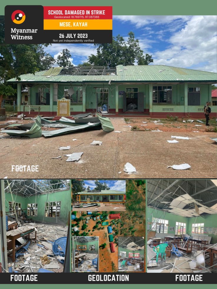 💥 School strike
☑️ 18.769715, 97.387388
☑️ Mese, Kayah
26 July 2023

Footage emerged online of damage to a school in Kyauk Su village following claims of an airstrike in Mese township, Kayah state on 26 July 2023.

Myanmar Witness geolocated footage of the damaged school.