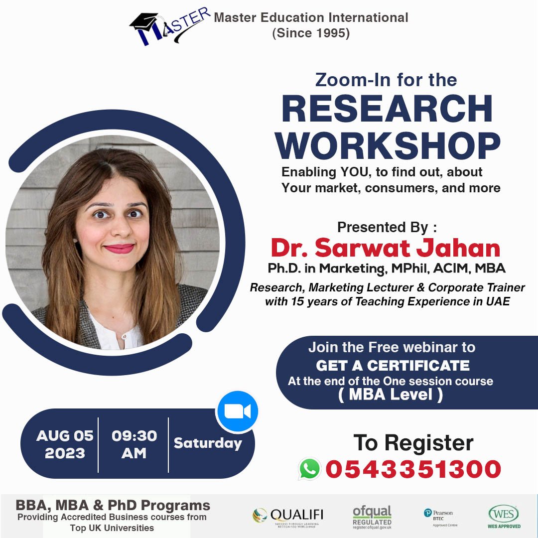 Zoom-In for the RESEARCH WORKSHOP!
Enabling YOU, to find out, about Your market, consumers, and more.

🗓 Date: August 5th, 2023
⏰Time: 9:30 AM

#MBAWorkshop #ResearchWorkshop #BusinessInsights #MarketResearch #ProfessionalDevelopment