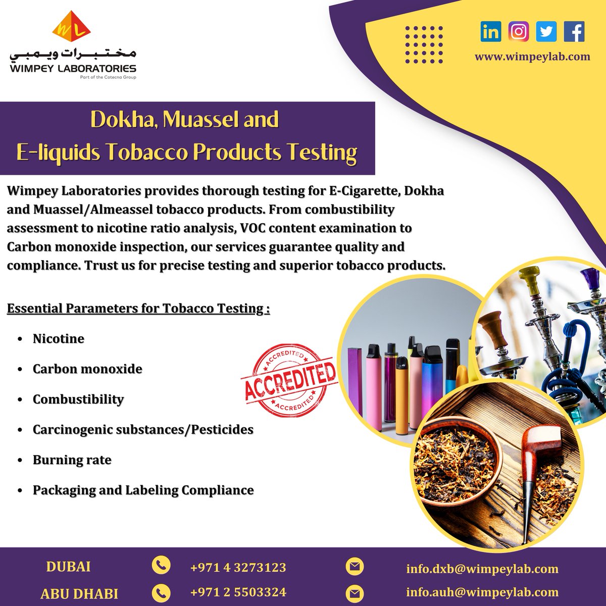 WimpeyLab's tweet photo. Attention #TobaccoIndustry Pros! Quality &amp; compliance matter! Wimpey Labs offers expert testing for E-Cigs, Dokha, Muassel tobacco products. 🌿 Nicotine Ratio, ☁ Carbon Monoxide, 💨 Combustibility, 🌿 Carcinogens/Pesticides, 🔥 Burning Rate, 📦 Packaging Compliance. https://t.co/wTPUqSyNZ3
