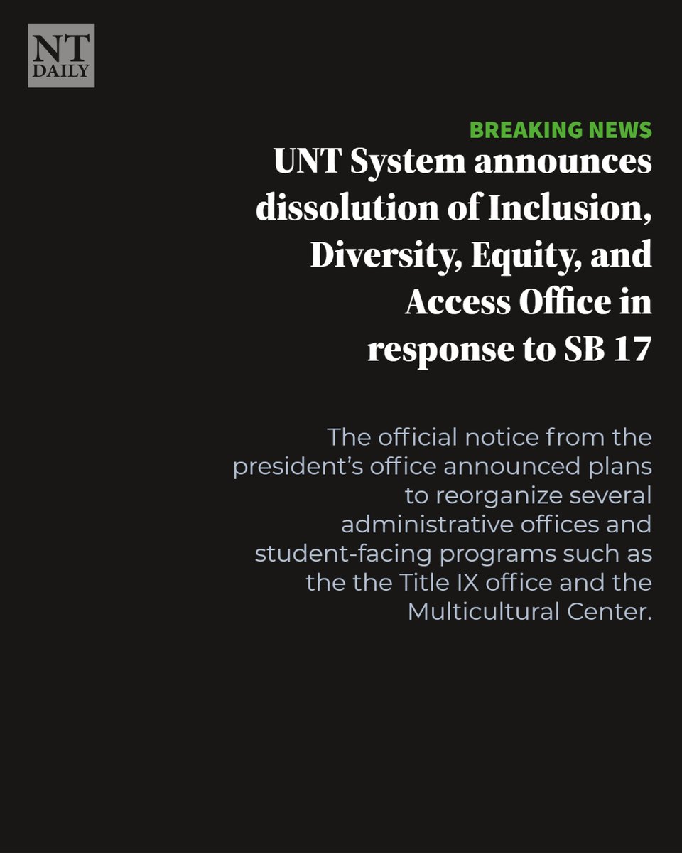 BREAKING NEWS: In an official notice emailed Tuesday morning, UNT President Neal Smatresk announced the dissolution of the Division of Inclusion, Diversity, Equity and Access. Vice President of IDEA Joanne Woodard will also be retiring when the office is dissolved. Story to come.