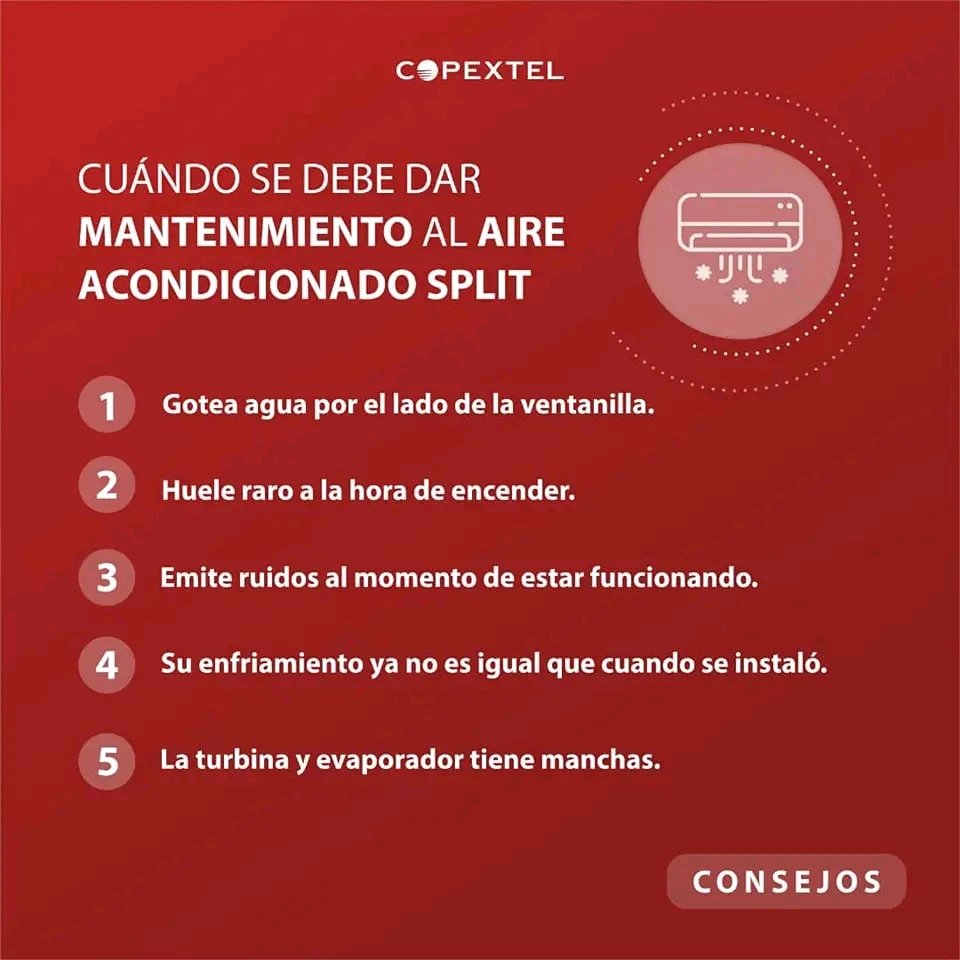 CCopextel's tweet photo. #CopextelEduca👉 Un correcto mantenimiento preventivo de tu aire acondicionado hará que tu equipo funcione de forma eficiente, además de evitar propagar bacterias y hongos por nuestro hogar u oficina por su deficiente limpieza. https://t.co/u9ikLs7irP