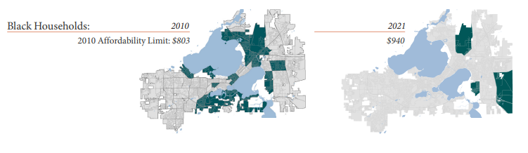 EricIsReporting's tweet photo. In 2010, black households in Madison could generally afford to rent on the north &amp; south sides. By 2021, those areas were no longer affordable. With rent jumping 14% last year, they've only gotten less so.

More details on the city's new Housing Snapshot: https://t.co/pU5cE8OS9w https://t.co/pCAPKriyjA